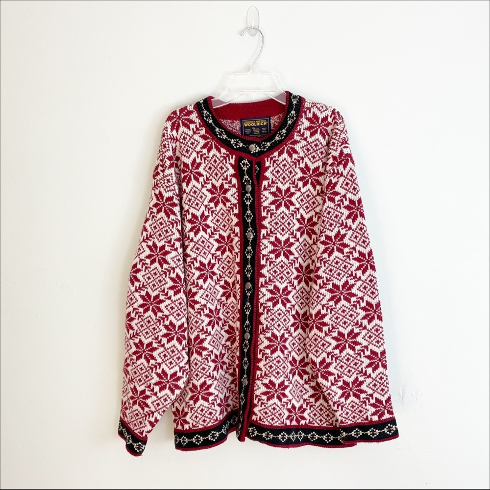 Woolrich Women’s Wool Cardigan Red White Snowflakes Knit Sweater Warm Size XL